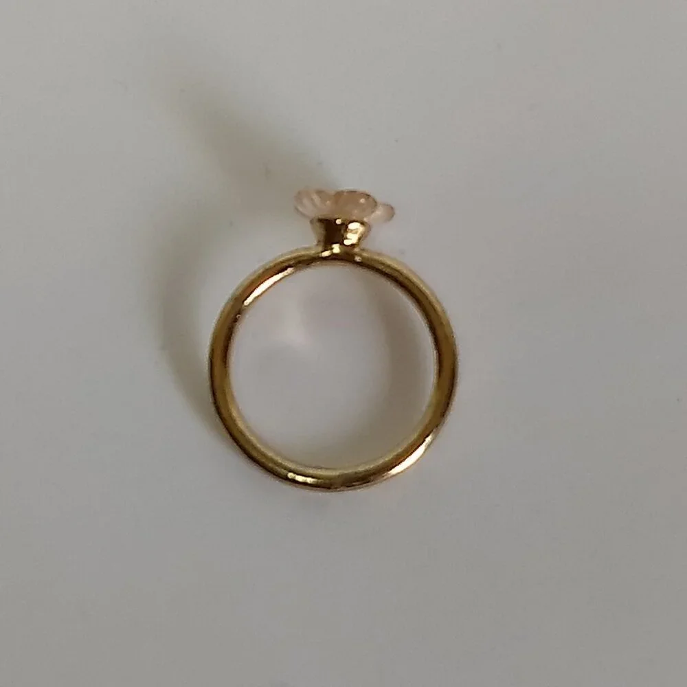 Gold Tone Pink Plastic Flower Clear Rhinestone Ring Size 6.5 Coquette Balletcore